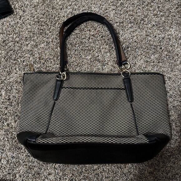 Coach Taylor Tote F28467 Check Jacquard Black Brown Leather Trim Shoulder Bag - Picture 3 of 5